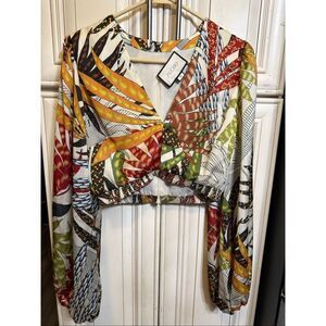 Alexie Women's Tropical Print Balloon Sleeve Cropped Top Multicolor Medium